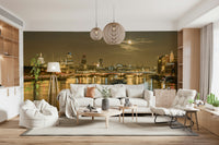 London Nights cityscape wallpaper wall mural moonlit river Thames glimmering boats.