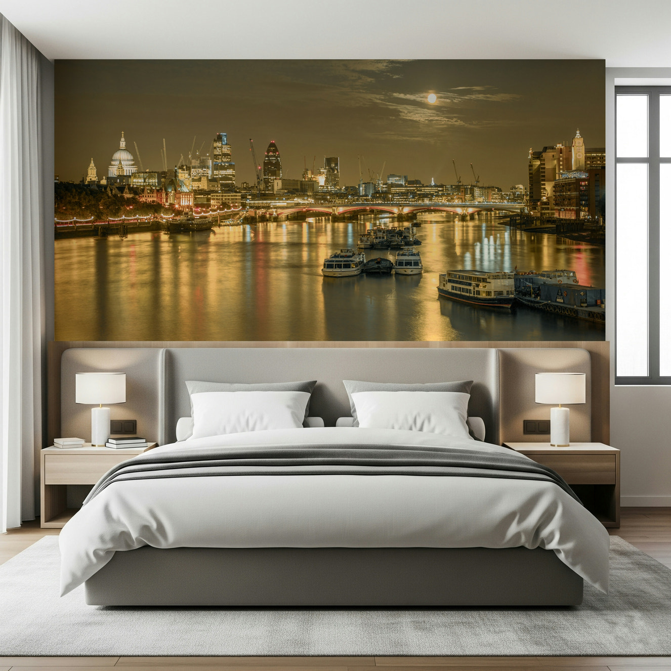 London Nights Cityscape wall mural, stunning full moon view.