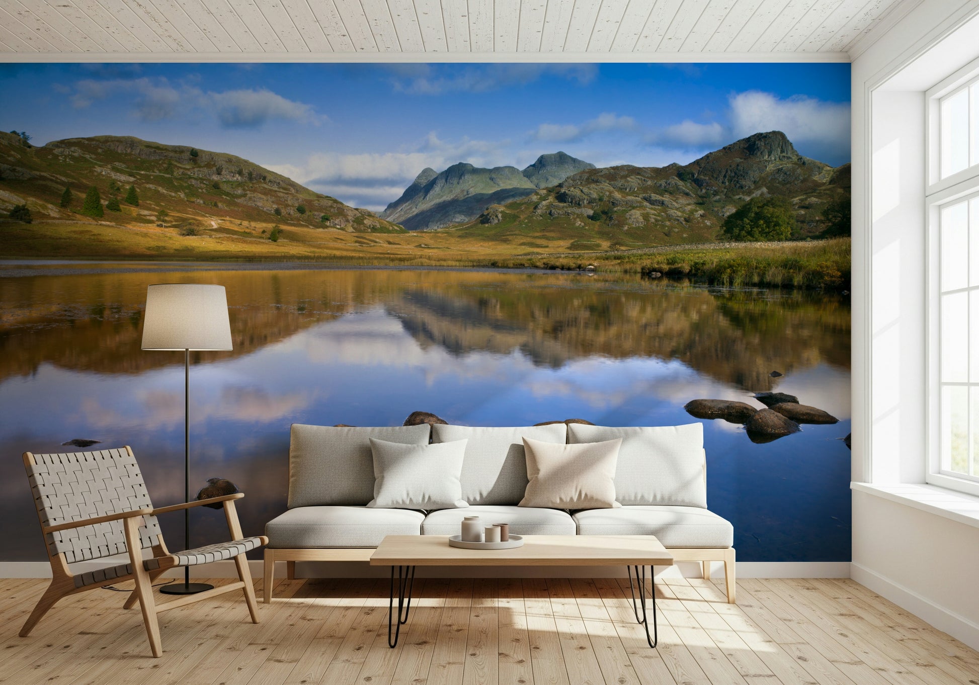 Elegant Mountains reflections wall hanging, calm lake surface, distant fells.