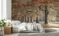 Inviting Fall Splendor wall decal, peaceful tree-lined avenue, brown leaves.