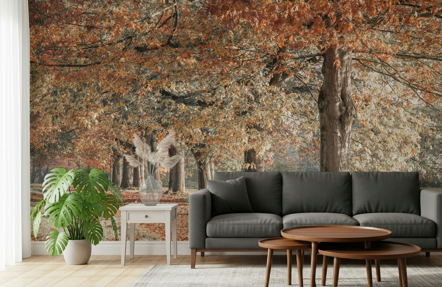 Decorative Fall Splendor mural, majestic oak trees, autumnal colors.