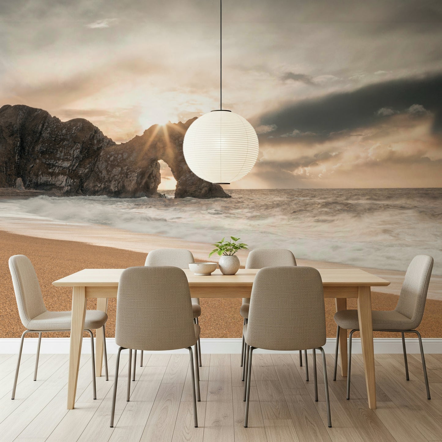 Scenic Durdle Door wall decoration, bright sun breaking through clouds.