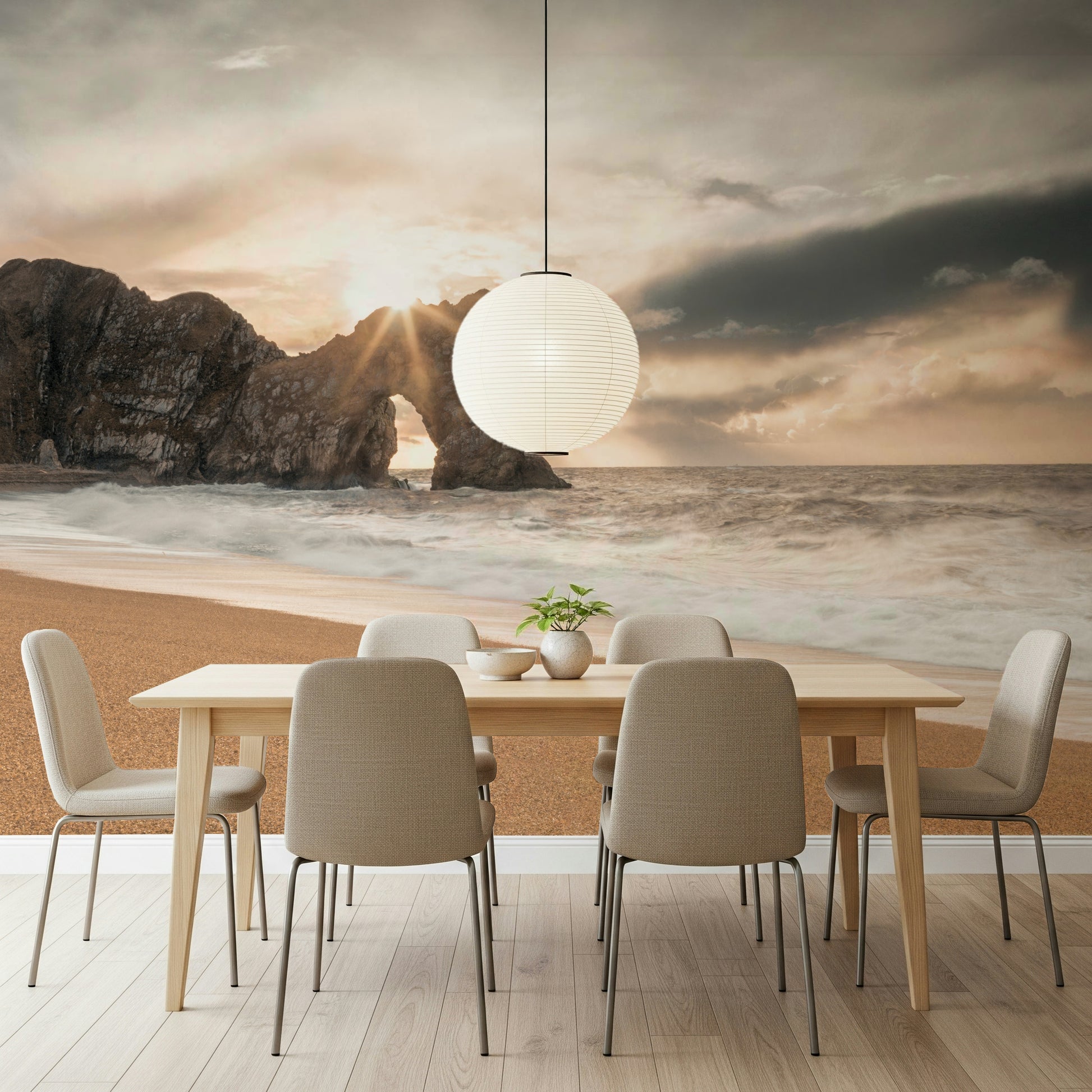 Scenic Durdle Door wall decoration, bright sun breaking through clouds.