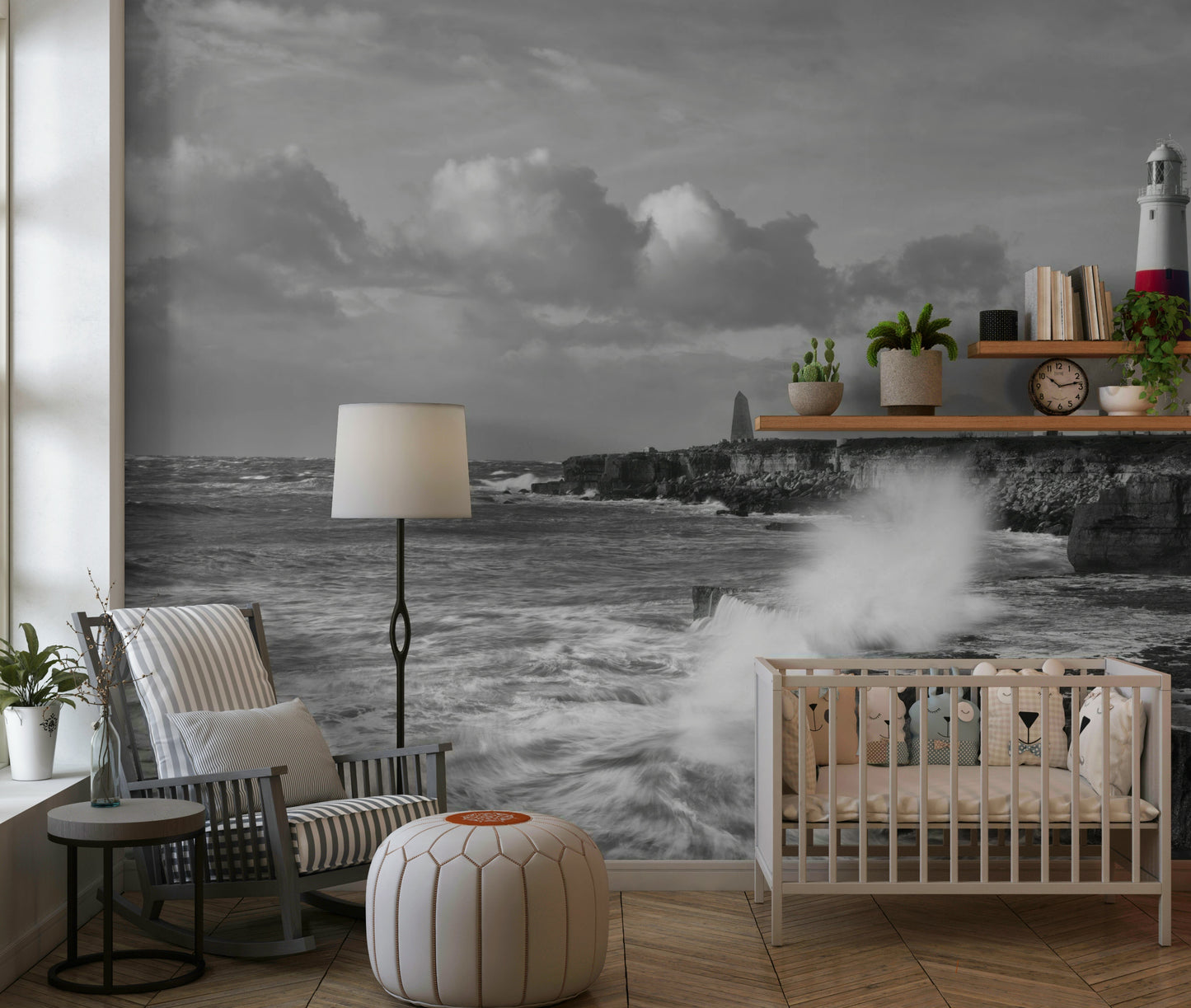 Panoramic Coastal Sentinel wall print, stormy seaside cliffs and beacon.