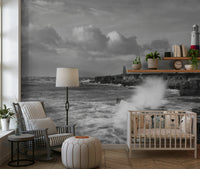Panoramic Coastal Sentinel wall print, stormy seaside cliffs and beacon.