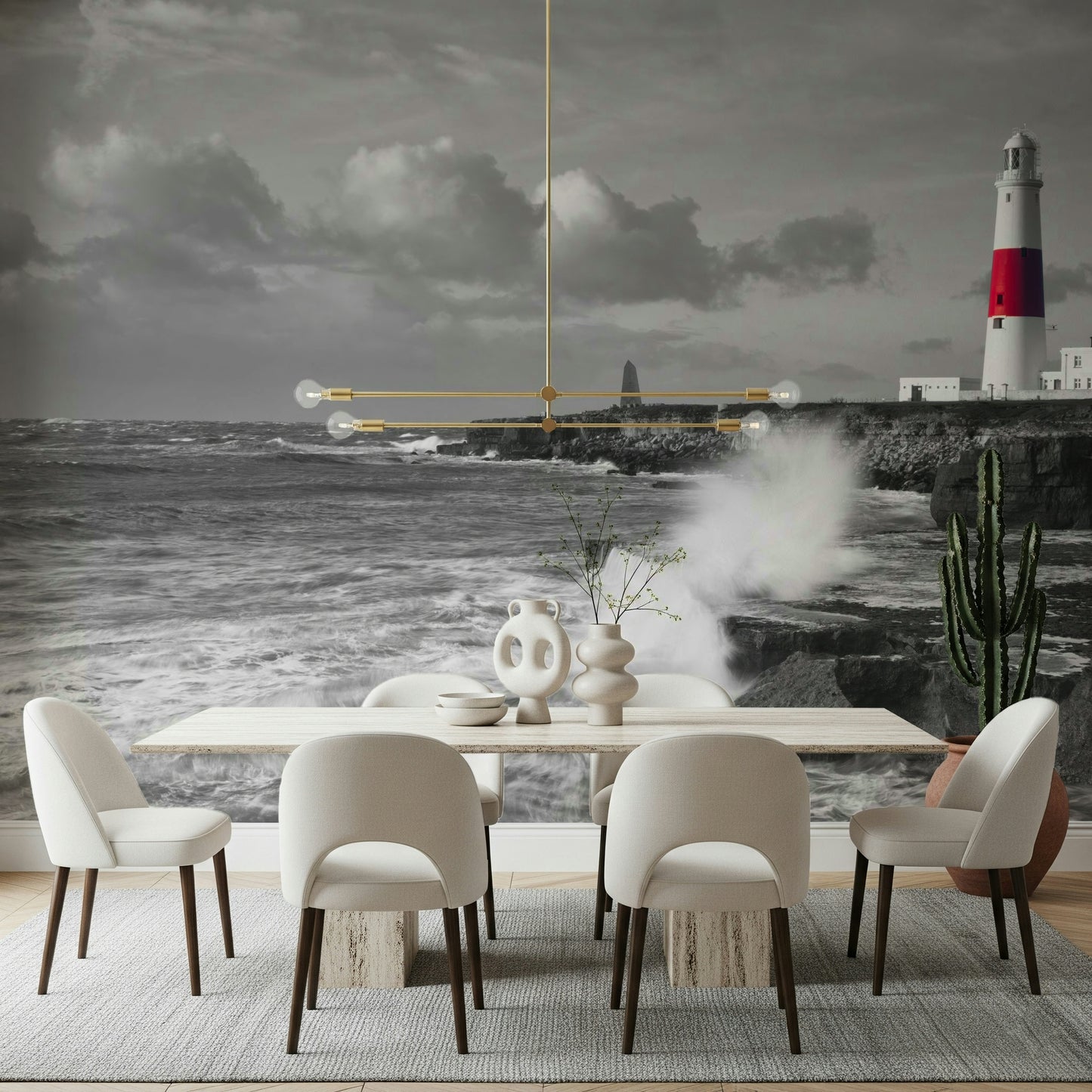 Coastal Sentinel wallpaper mural, dramatic black and white lighthouse.