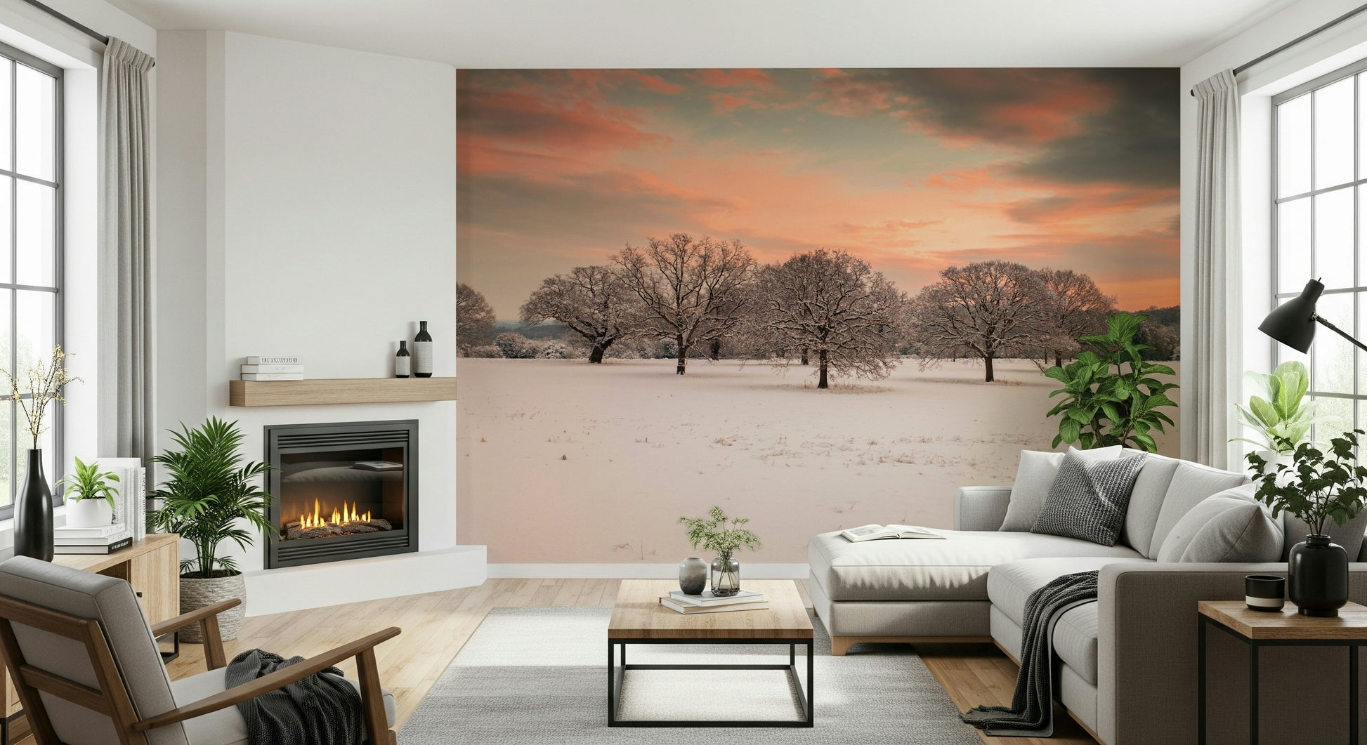 Stunning Snow Covered Field wall decal, chilly season field with bare trees.