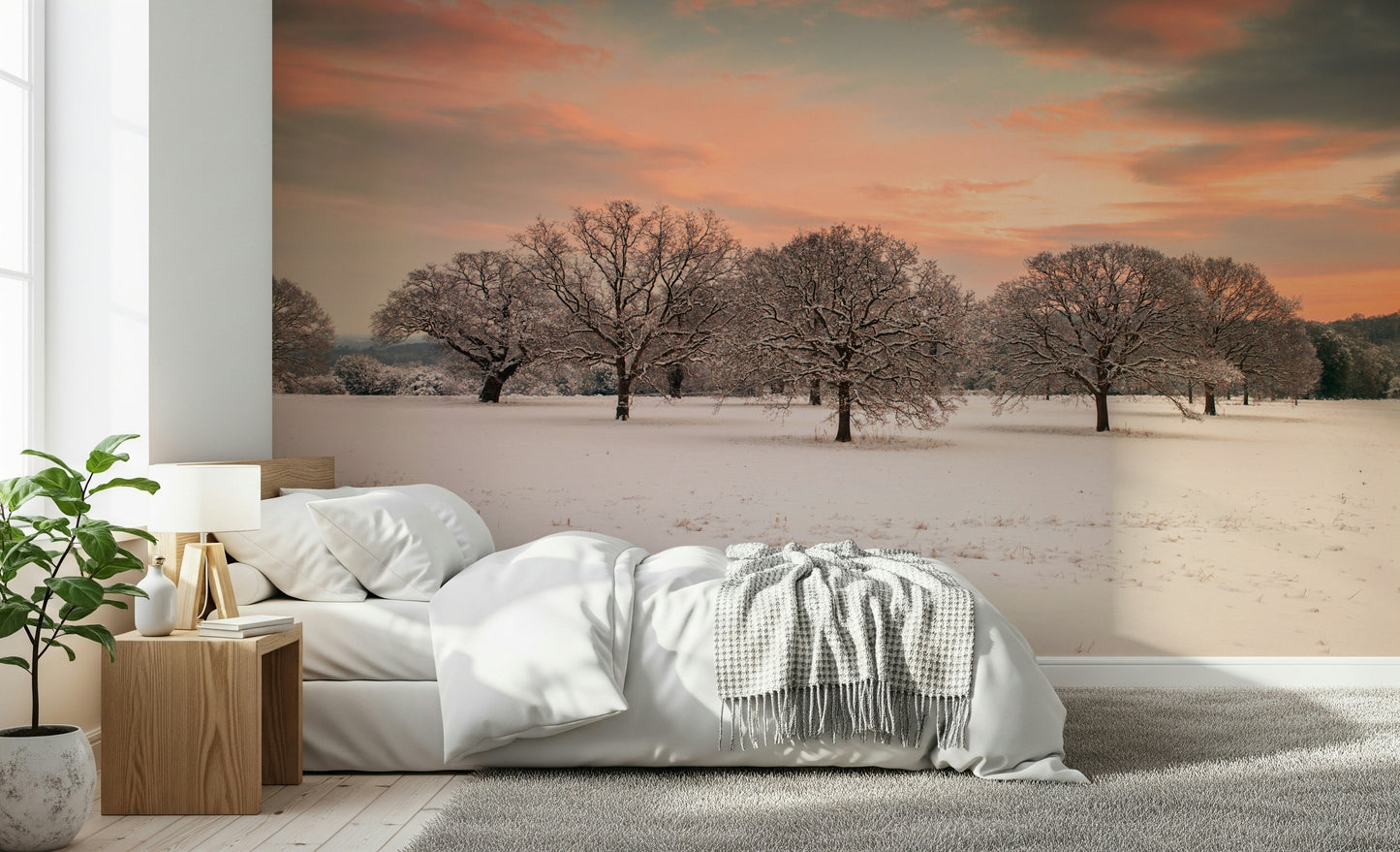 Magical Snow Covered Field mural, cold weather nature scene interior decor.