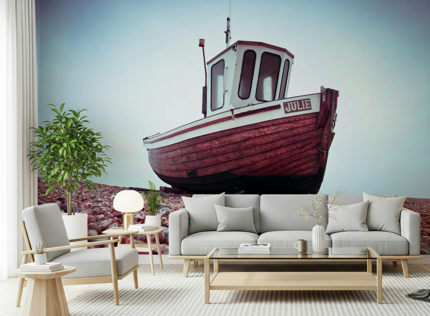 Vintage Boat Resting on Pebbled Strand wallpaper for walls, maroon hull, shingle.