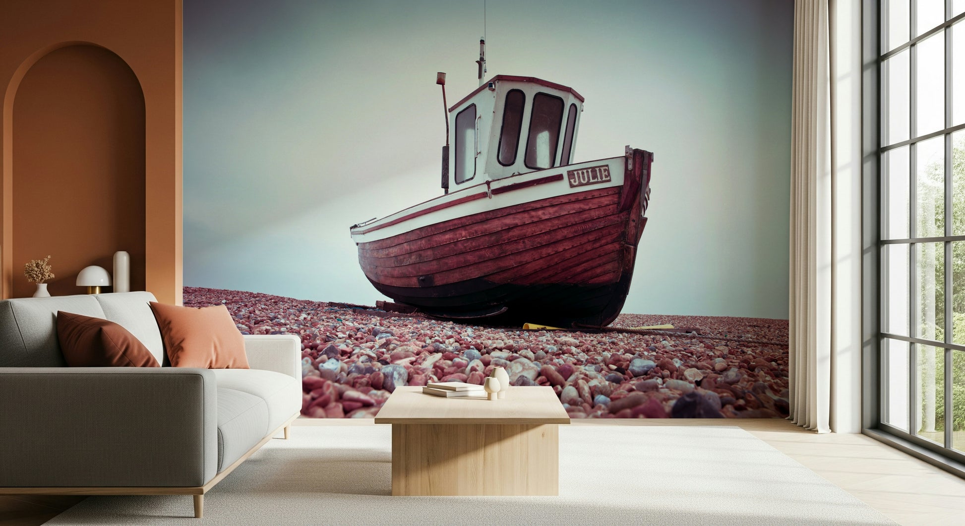 Boat Resting on Pebbled Strand wallpaper, rustic dinghy on shingle, wall mural.
