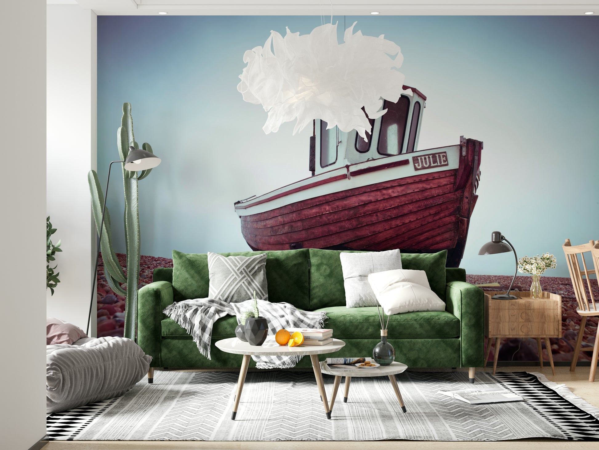 Nautical Boat Resting on Pebbled Strand mural, sturdy wooden vessel, stones.
