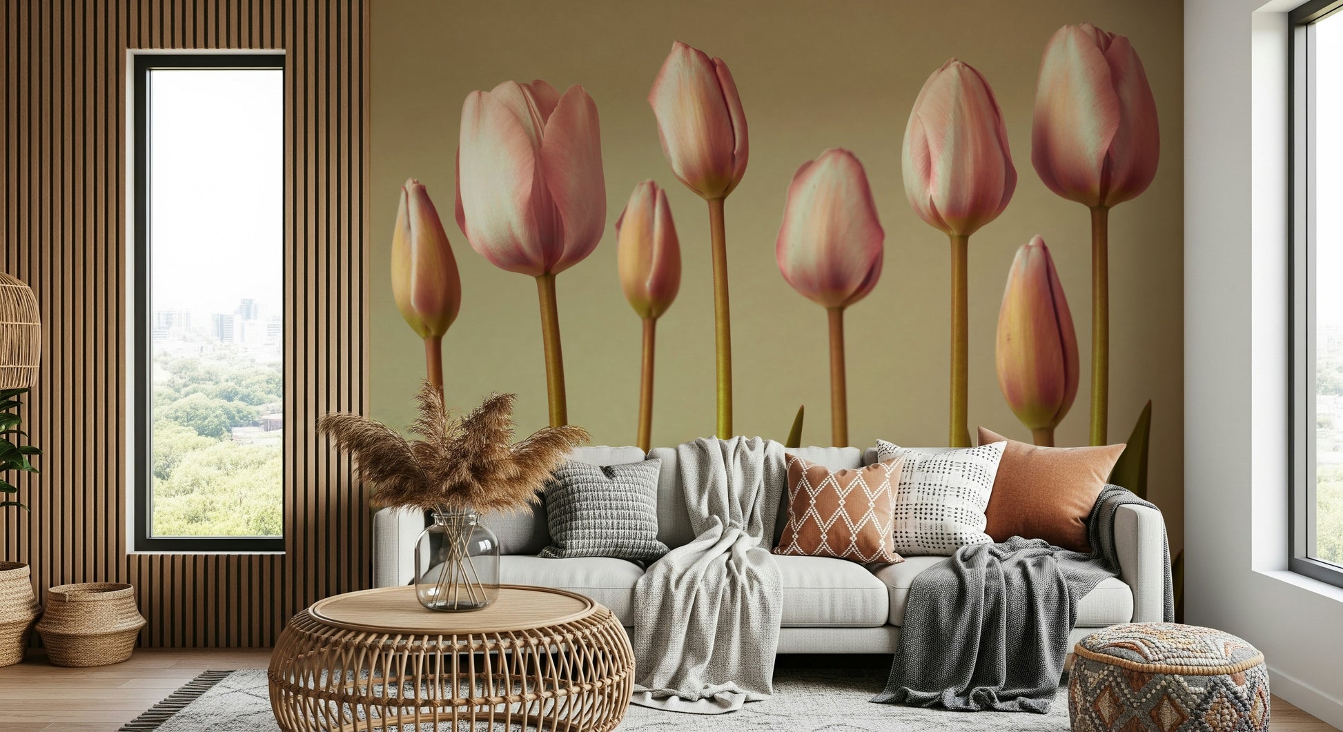 A minimal, classic tulip array, Emerging Elegance wallpaper mural design.