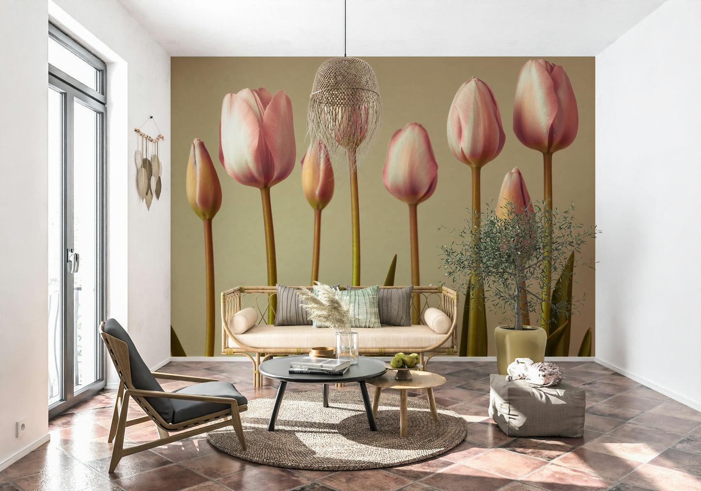 Emerging Elegance wallpaper mural, delicate pink and cream tulips wall covering.