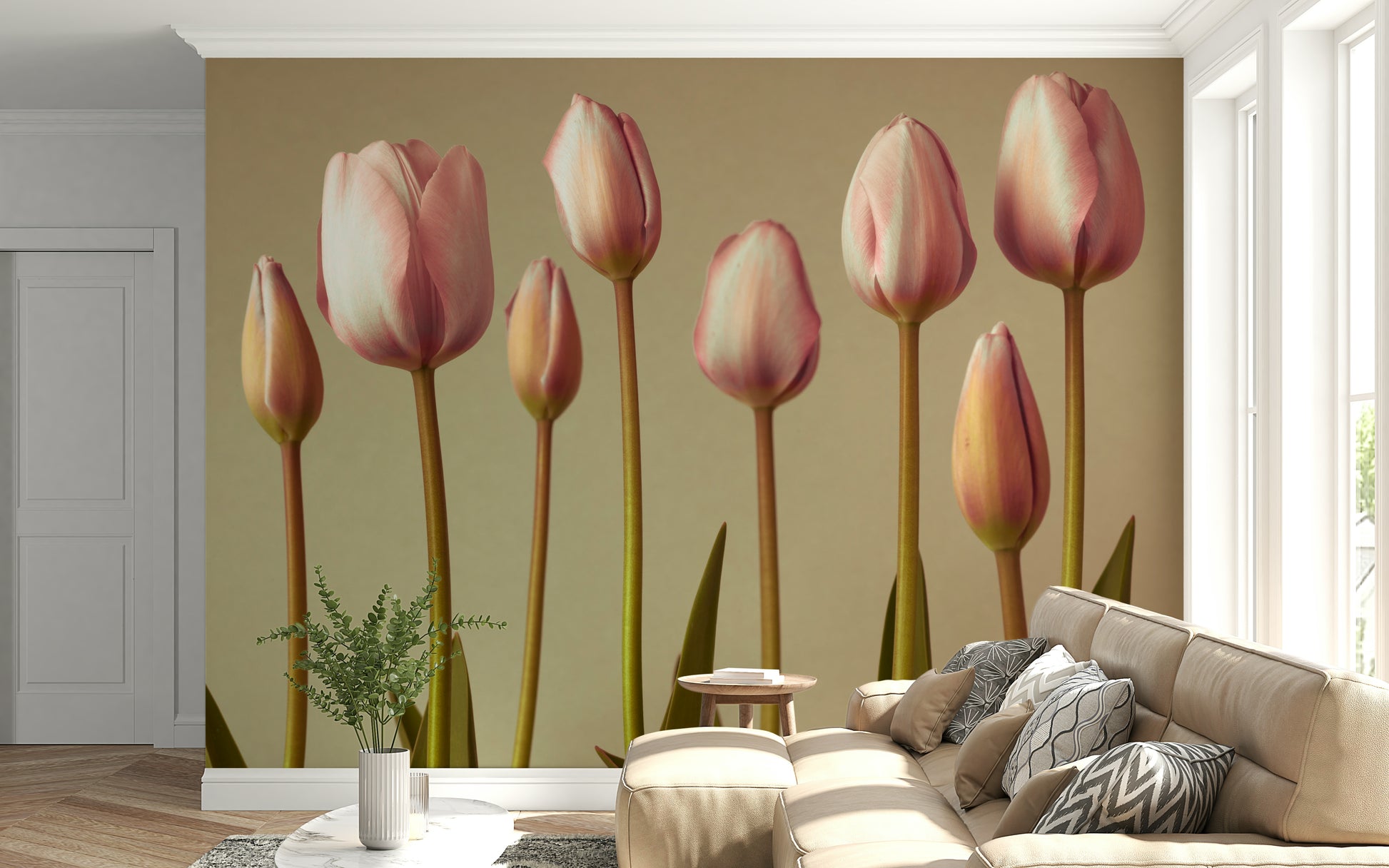 Wall mural showing vintage pink tulips, Emerging Elegance home decor.