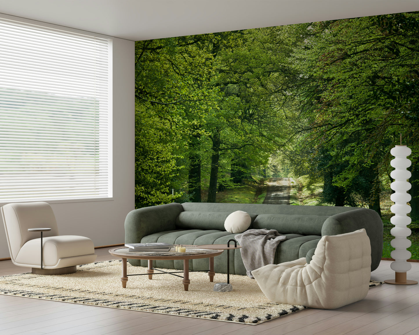 Flourishing Path wallpaper mural, bright verdant forest track wall covering.