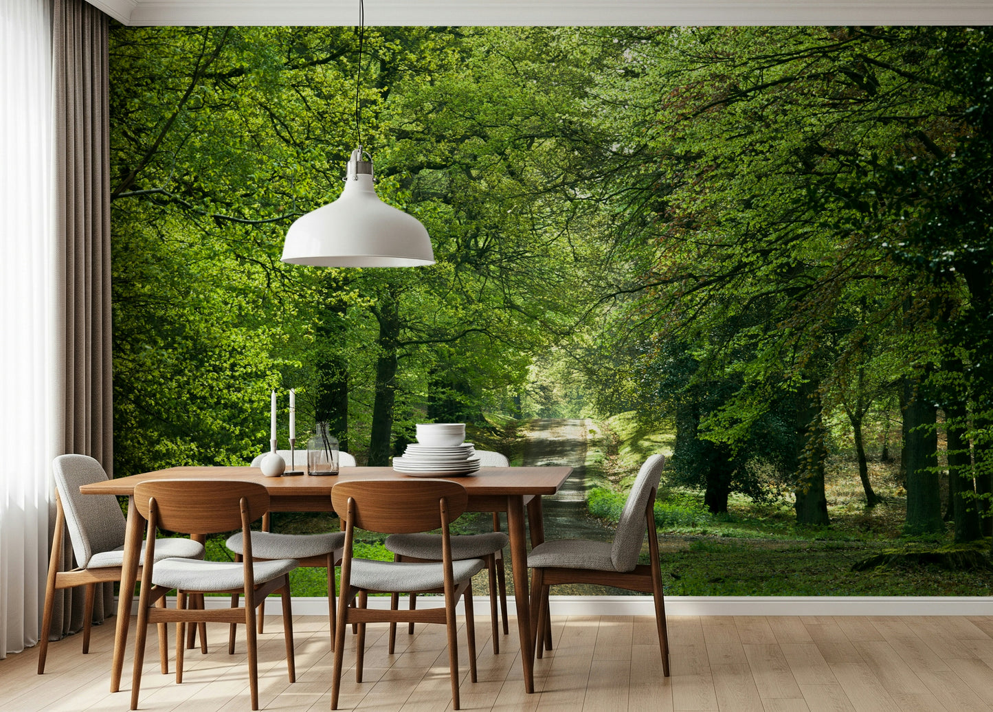Lush canopy over a dappled path, Flourishing Path wall mural scene.