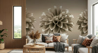 Vintage monochrome dahlia wall mural, Sepia Dahlia Trio design.