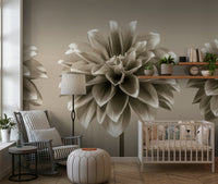 Decorative bloom study, Sepia Dahlia Trio mural for walls.