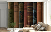 Layered book edges give depth to Classic Literature Shelf wall pattern.