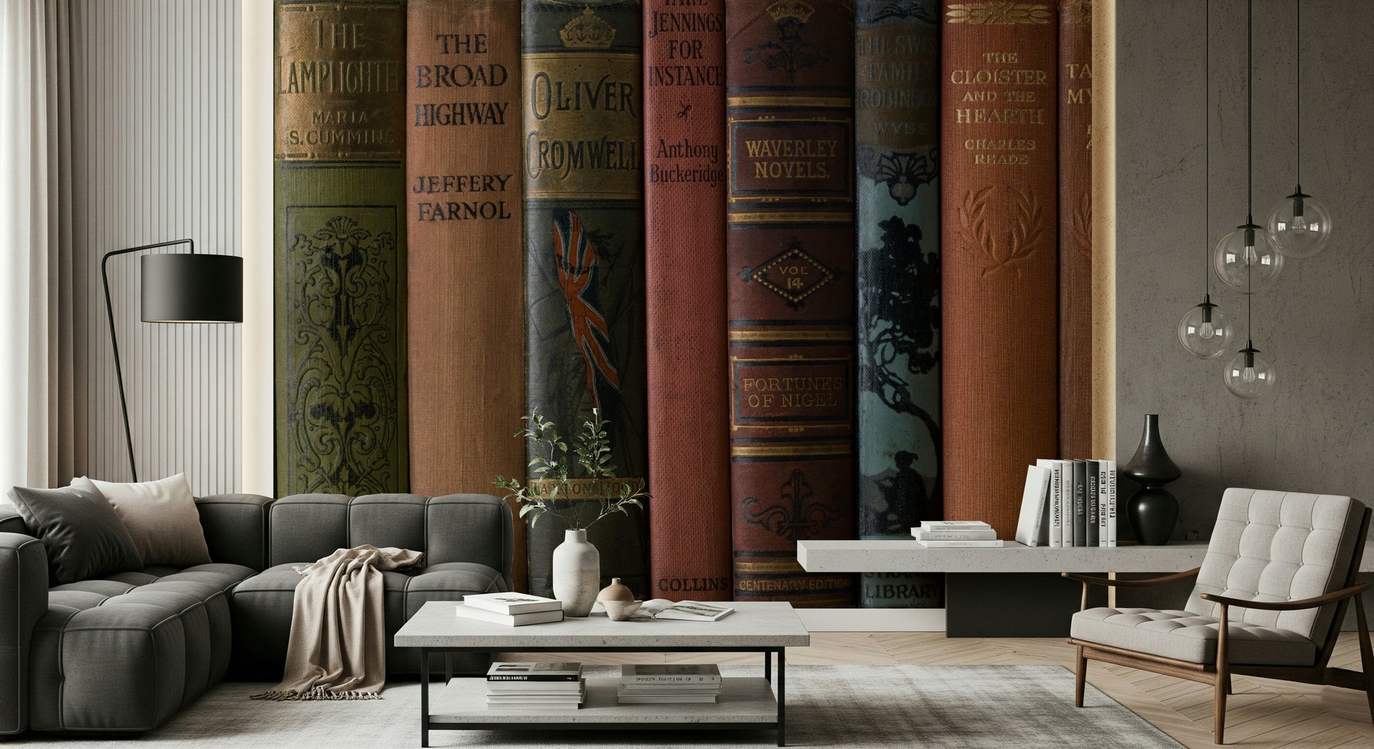 Monochrome sepia hues for Classic Literature Shelf unique wallpaper.