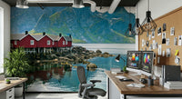 Serene Picturesque Lofoten mural; red boathouses, rugged peaks.