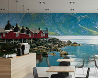 Wallpaper of Picturesque Lofoten; vibrant red, alpine background.