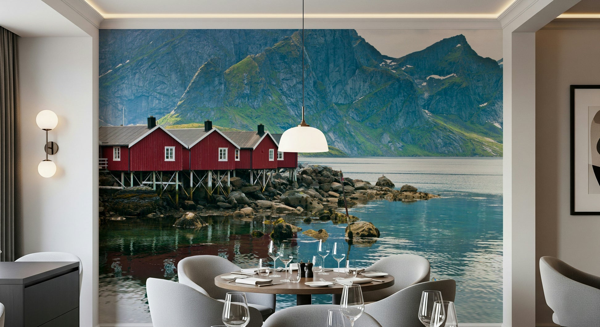 Red fishing huts in Picturesque Lofoten wallpaper scene.