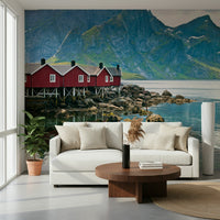 Nautical Picturesque Lofoten wallpaper; idyllic setting, green slopes.