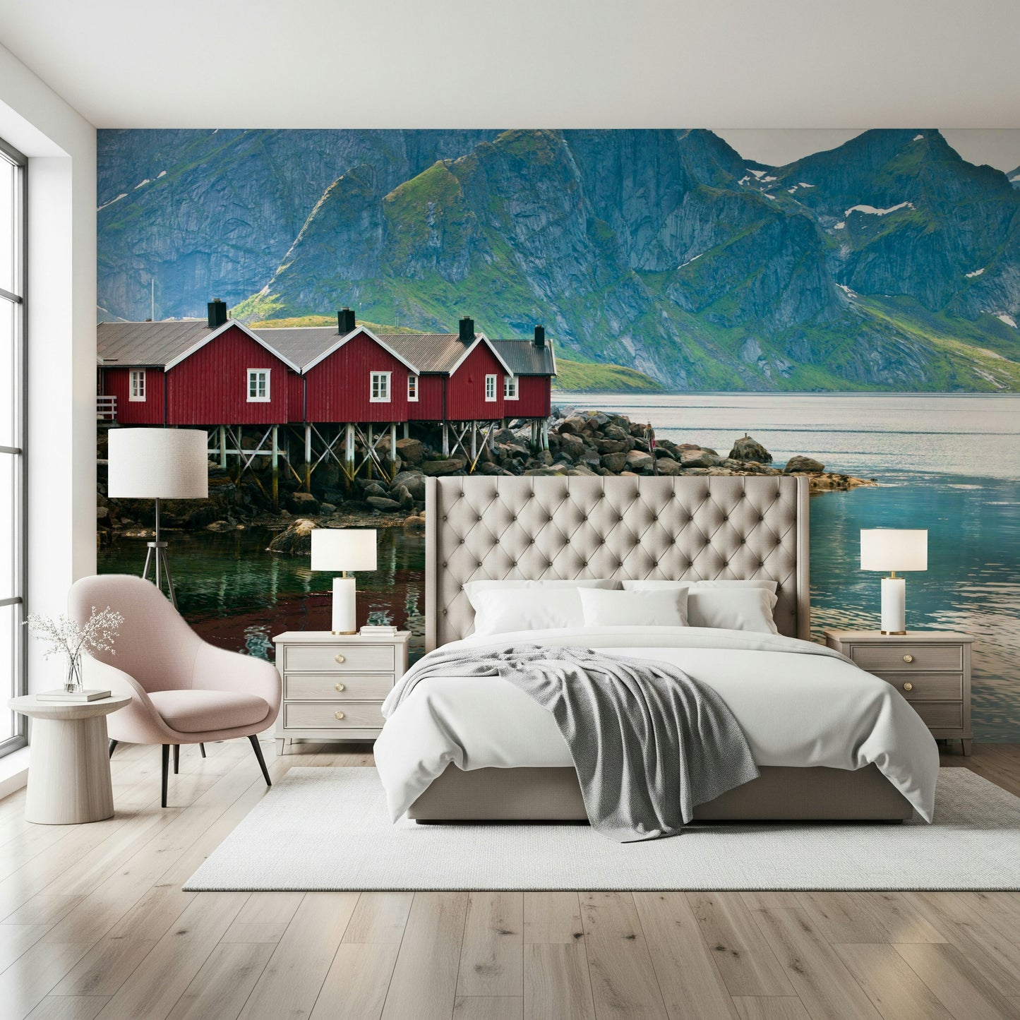 Wall mural Picturesque Lofoten; traditional cabins, steep mountains.