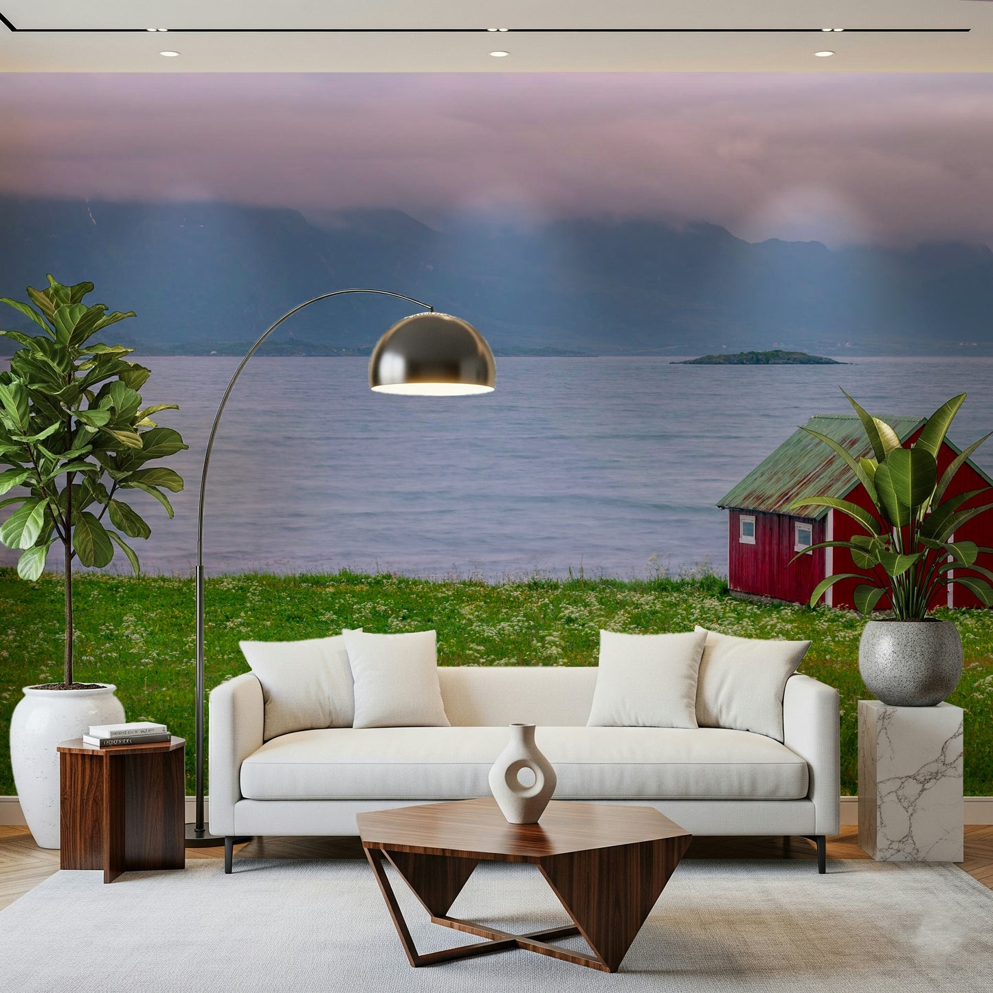 Photographic Lofoten Coastal Escape decal; vivid meadow, cool colors wall mural.