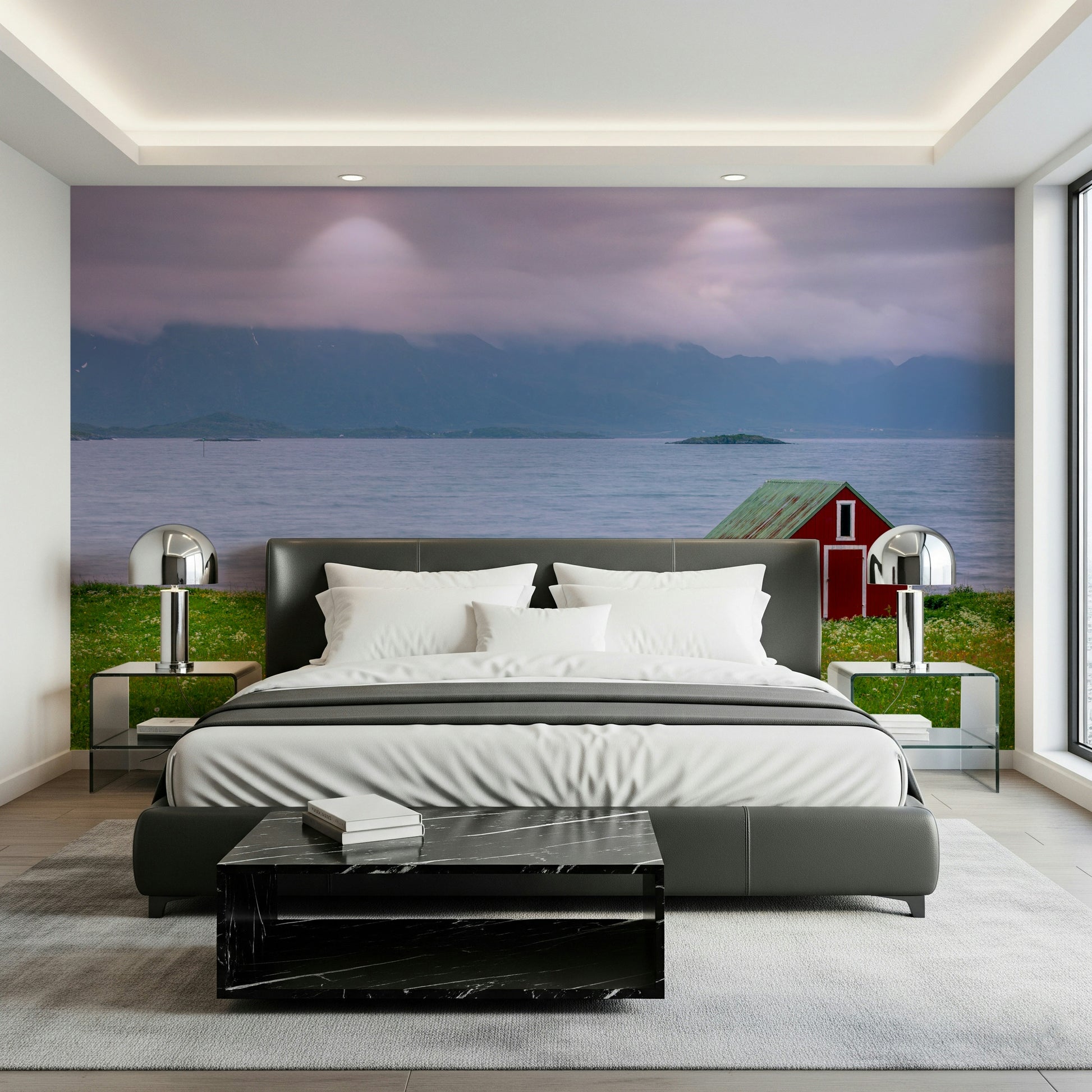Dramatic Lofoten Coastal Escape backdrop; grass and small island wallpaper.