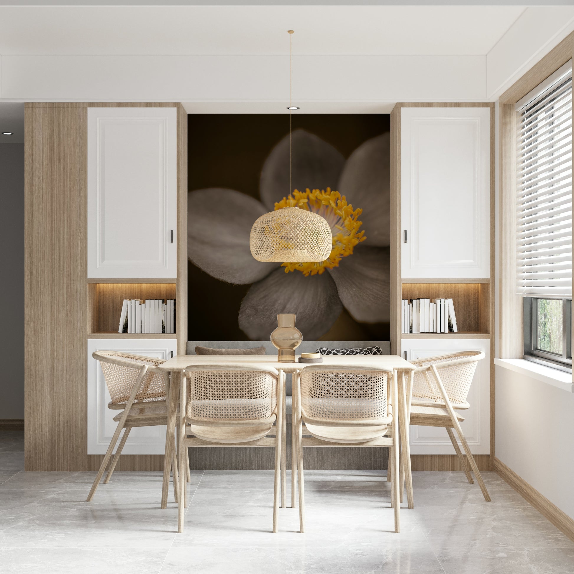 Grey flower bloom, bright yellow pollen, Sunlit Floral Essence, incredible wall covering.