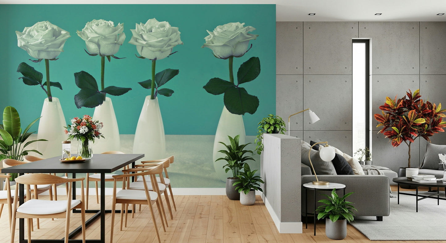 Artistic Floral Quartet wallcovering, four solitary roses, creamy, elongated pitchers.
