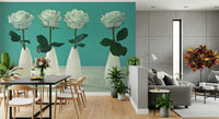 Artistic Floral Quartet wallcovering, four solitary roses, creamy, elongated pitchers.