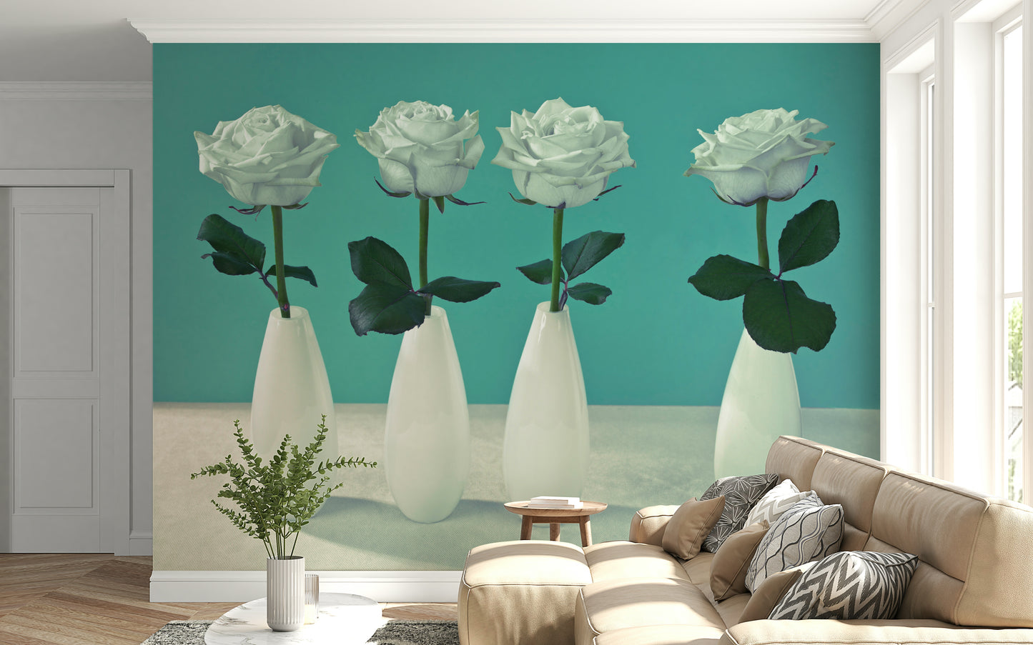 Wallpaper mural ethereal, ghostly Floral Quartet, symmetry, dark leaves, aquamarine wall.