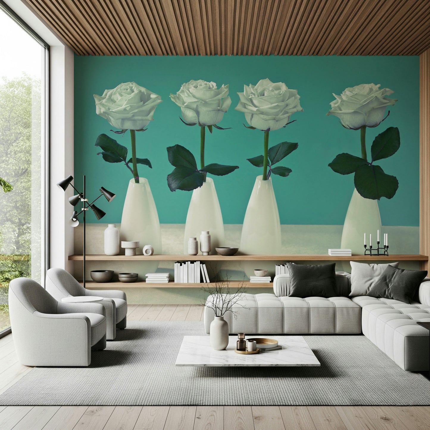 Floral Quartet wall mural four pristine, pale blossoms in sculptural, porcelain vases.