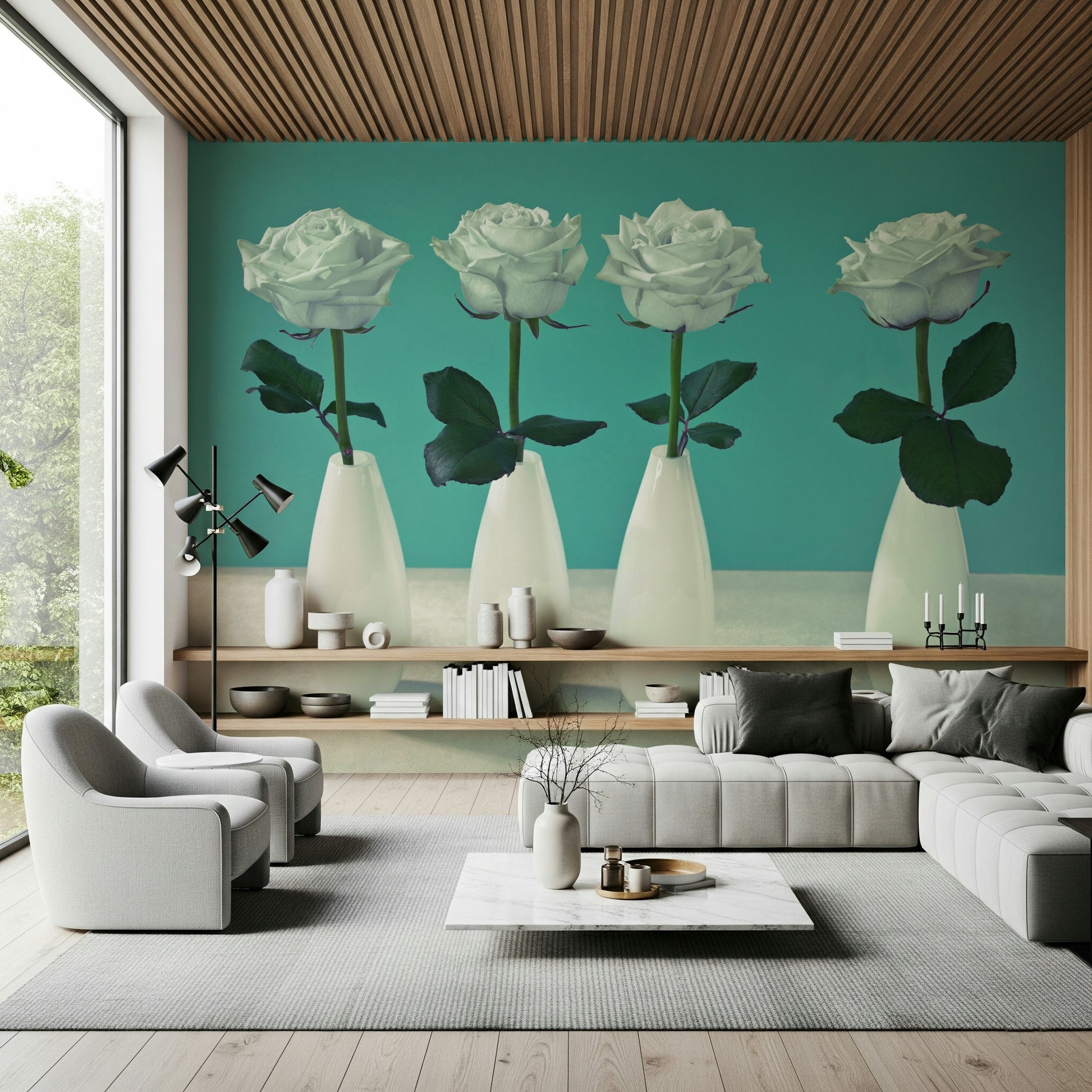 Floral Quartet wall mural four pristine, pale blossoms in sculptural, porcelain vases.