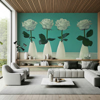 Floral Quartet wall mural four pristine, pale blossoms in sculptural, porcelain vases.