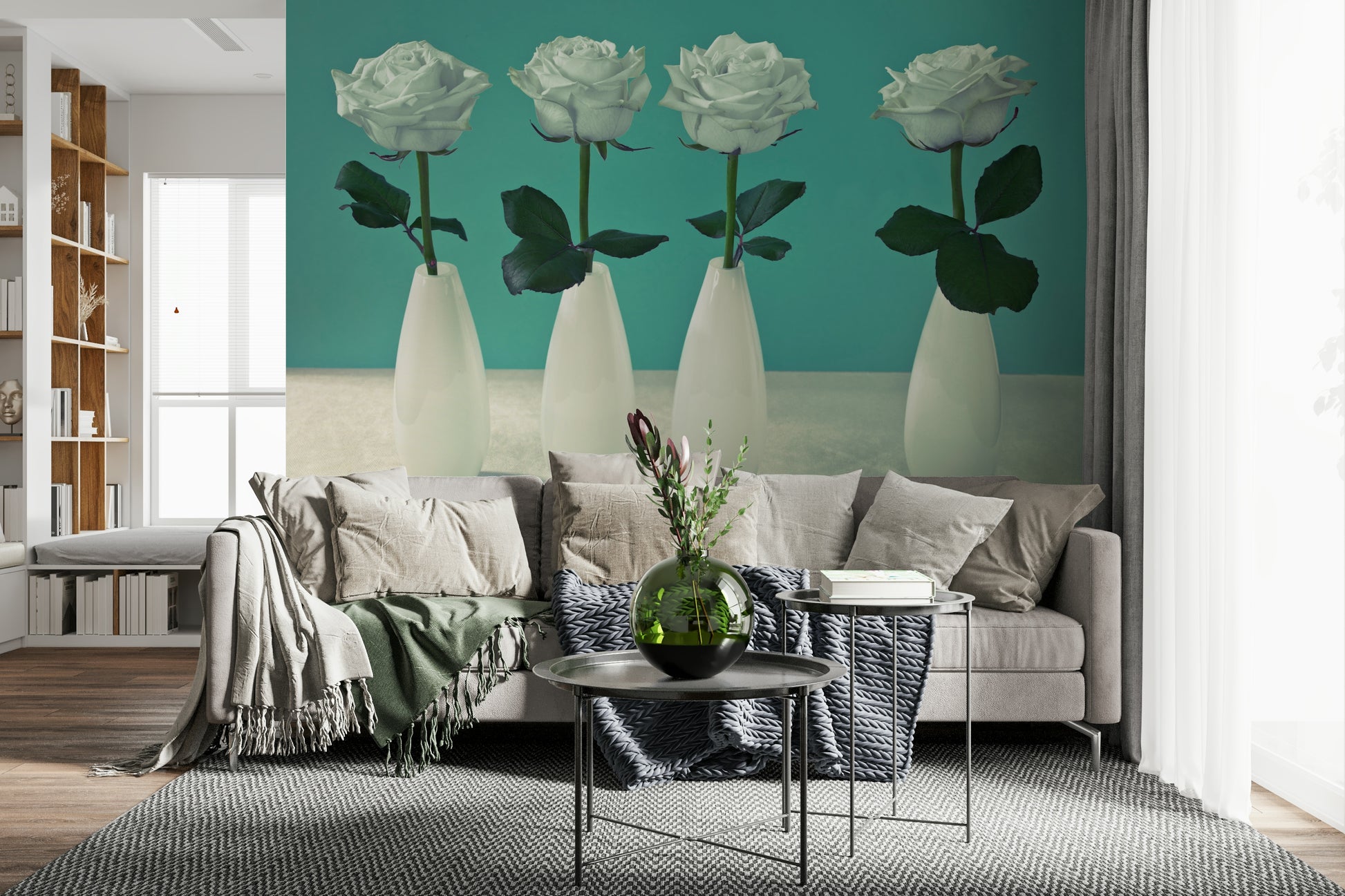 Mural of Floral Quartet somber, milky-white roses, four, upright, singular blossoms.