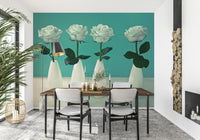 Wallpaper for walls tranquil, sepia-toned Floral Quartet, teal background, white roses.