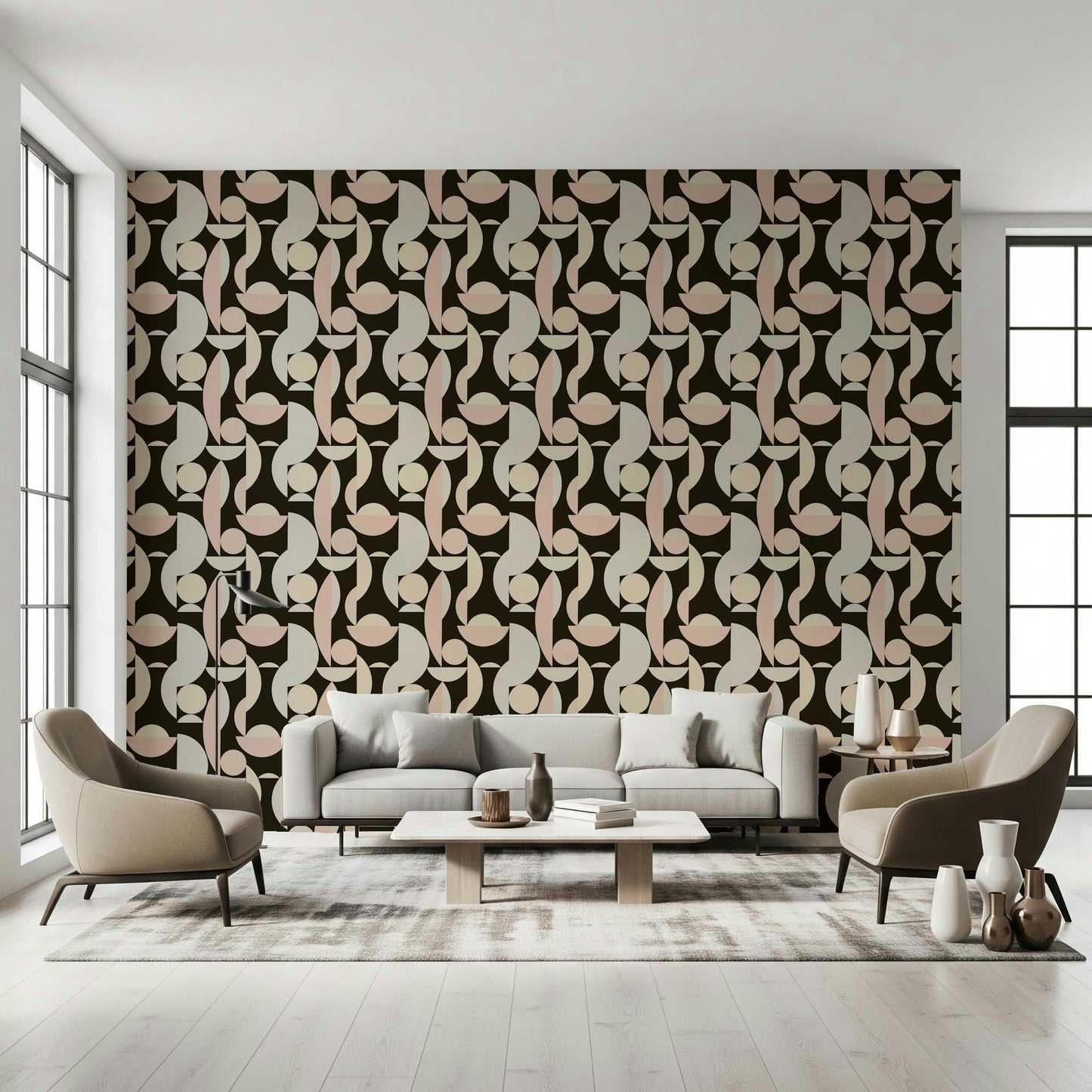 Abstract Retro Geometry mural featuring pink and beige forms.
