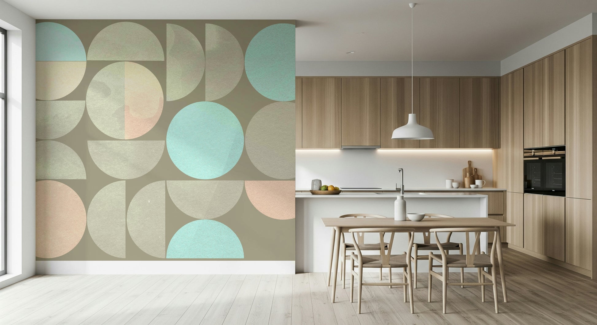 Minimalist Soft Circle Symphony wall mural, soft geometric curves.