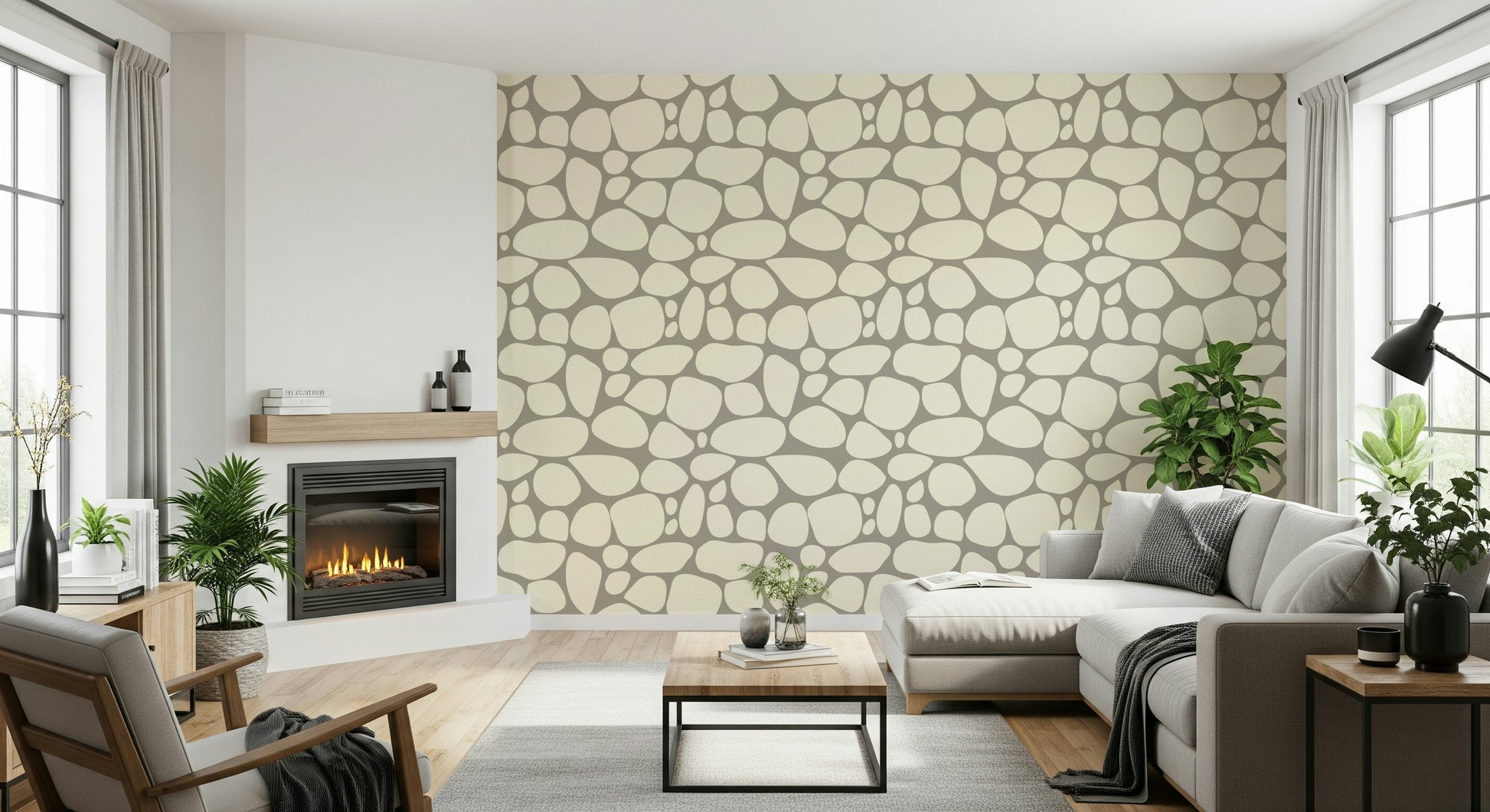 Serene Pebble Beach stone motif interior design wall mural surface.