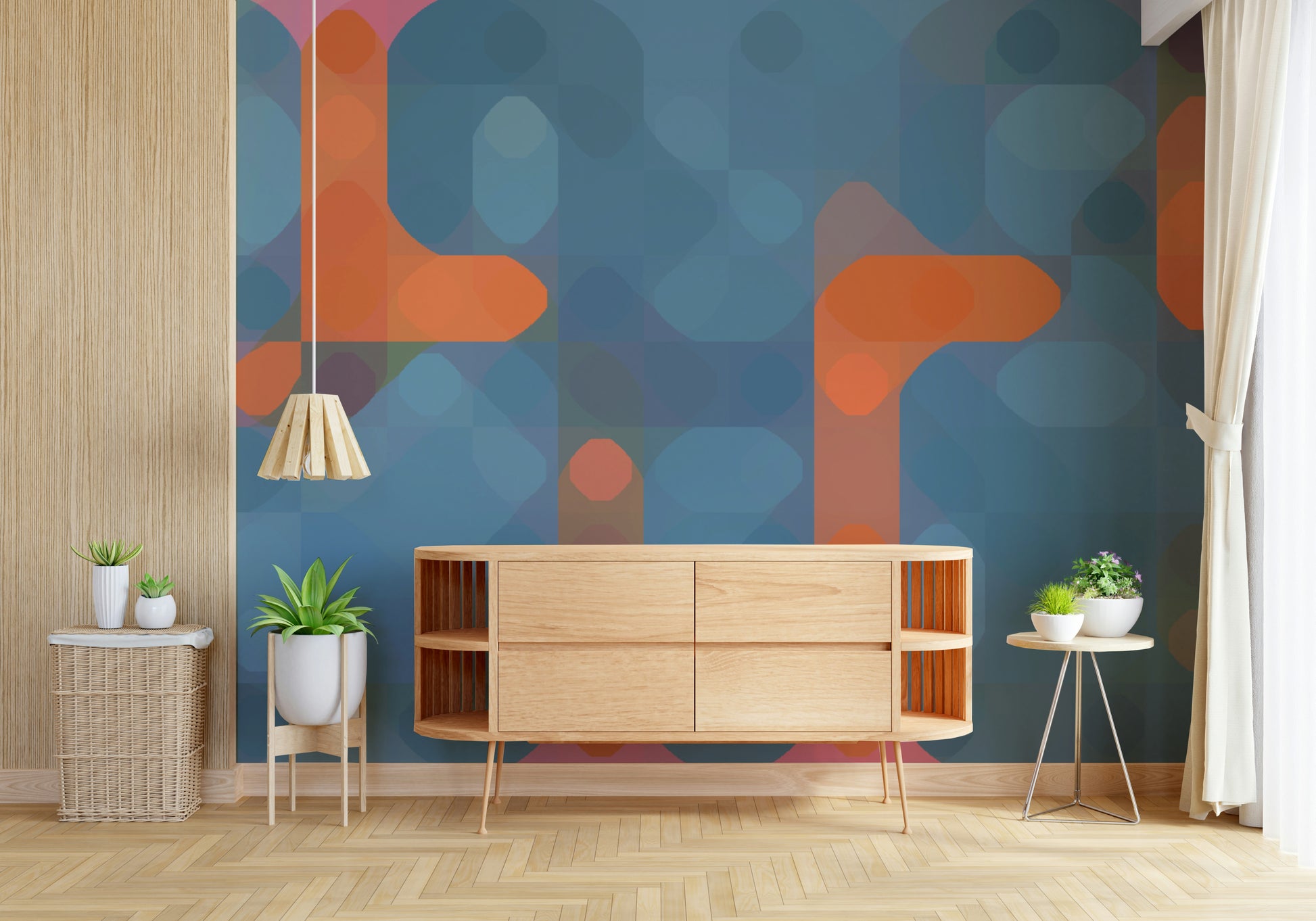 Abstract Streetlights wall mural, orange and blue geometric pattern, futuristic design.