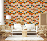 Balance Act wall mural: Mid-century geometric shapes, orange, teal, pink, beige.
