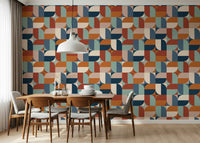 Modern Curves wallpaper geometric design, blush pink, brown, blue hues, focal point.