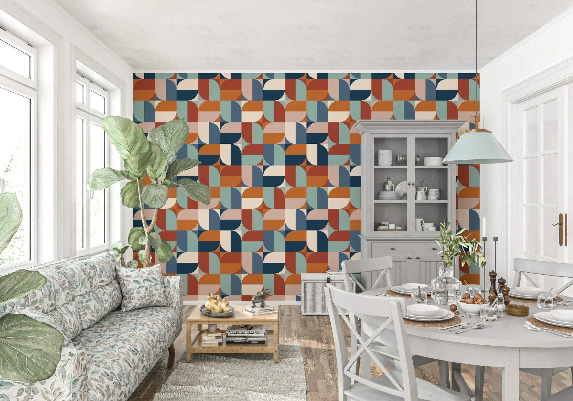 Graphic block print effect Modern Curves wallpaper for walls product view.