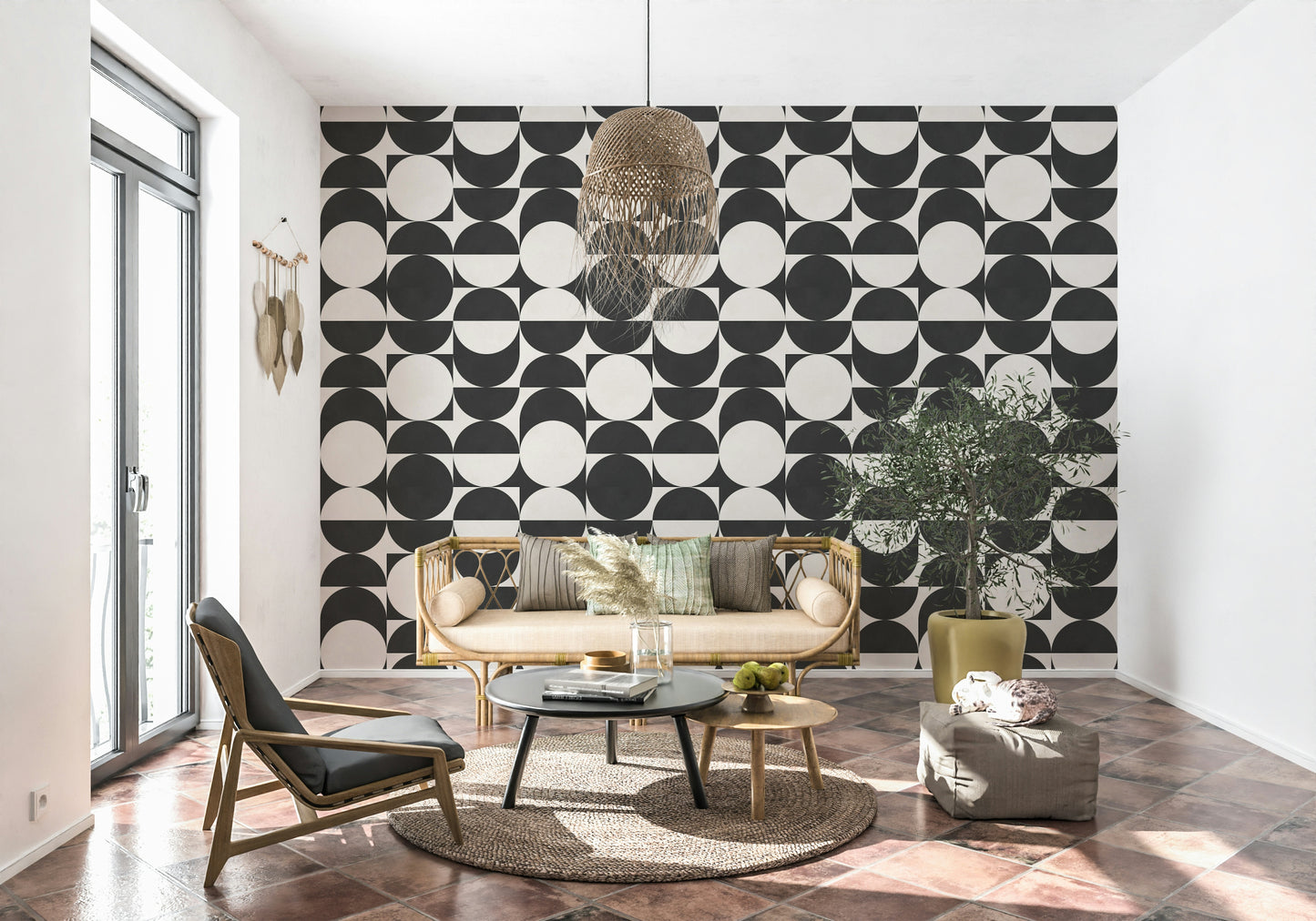 Monochrome pattern Lunar Echoes 2 wall mural repeating shapes.