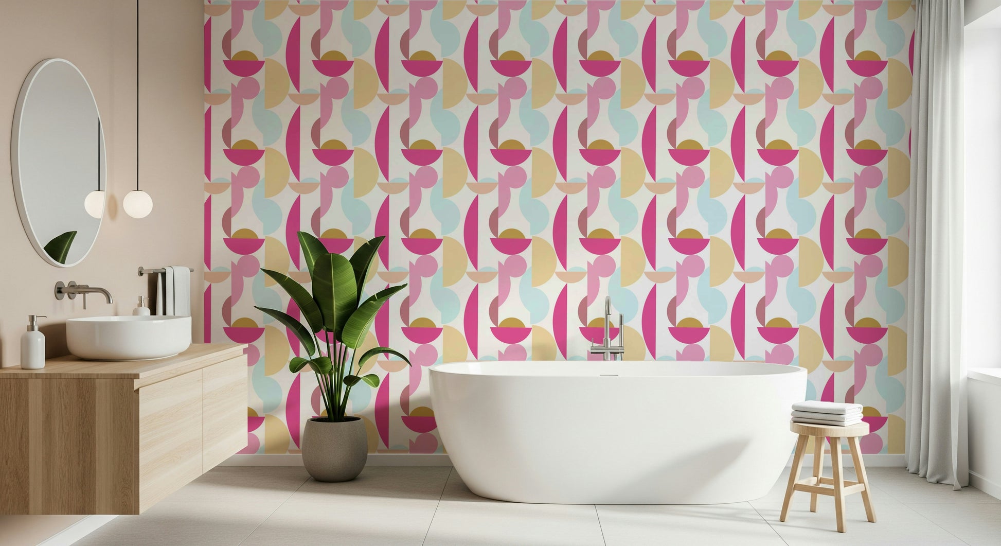 Retro Geo Blush wallpaper bright playful pattern abstract semicircles spheres mural.
