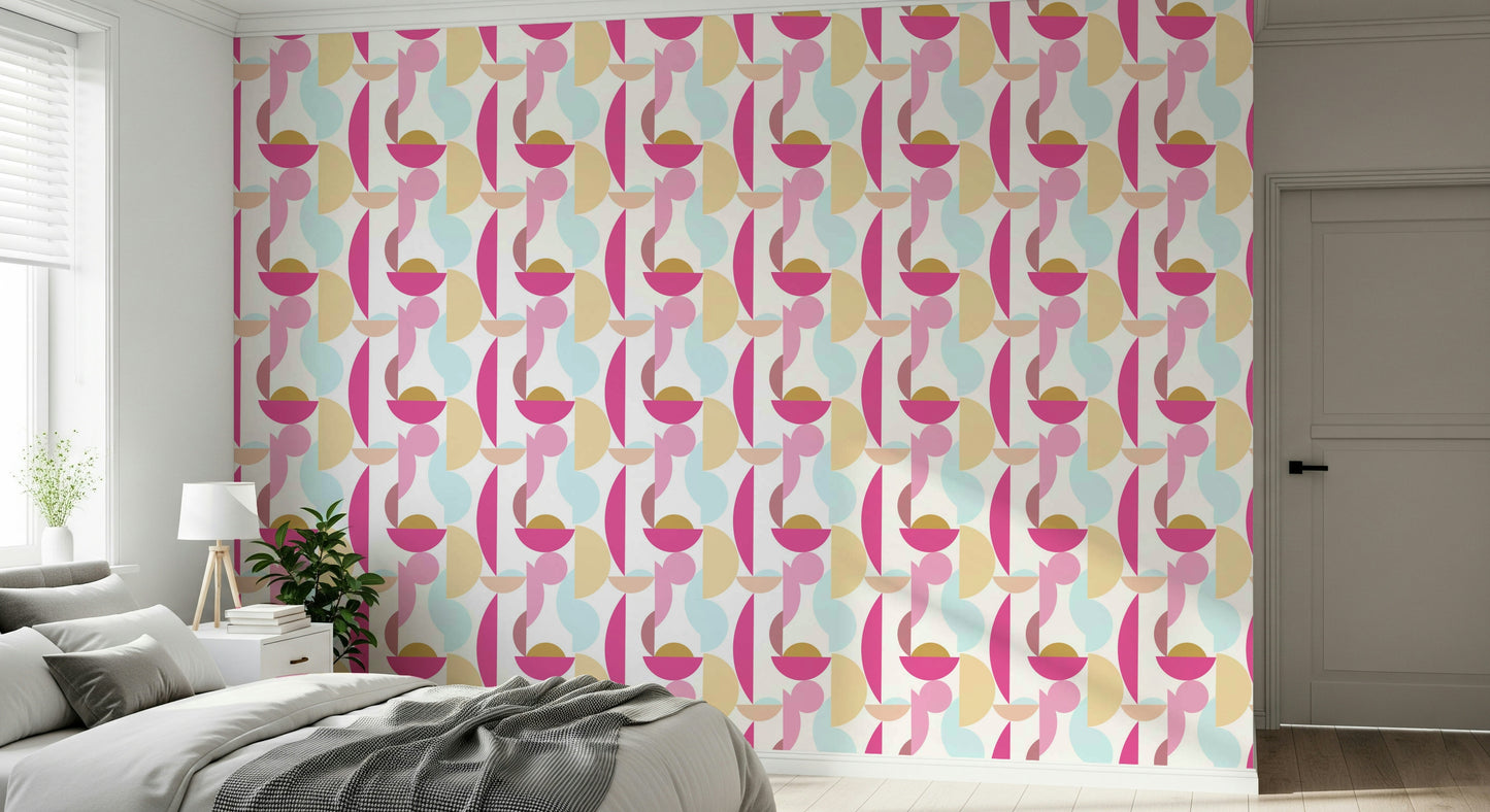 Retro Geo Blush patterned wall mural for living spaces cheerful modern appeal.